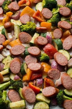 sausage, broccoli and zucchini on a sheet pan