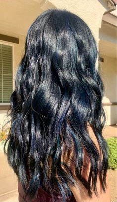 Hair Dye Over Dark Hair, Dark Blue Hair Dye On Black Hair, Blueberry Highlights Hair, Dark Hair With Indigo Highlights, Different Dark Hair Colors, Black Hair With Dark Blue Underneath, Black Hair With Blue Tint Dark, Blue Hair On Dark Brown Hair, Indigo Highlights Brown Hair