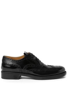 black leather eyelet embellishment logo lettering logo-embossed tongue almond toe front lace-up fastening branded leather insole flat rubber sole Leather Brogues, Lettering Logo, Brogue Shoes, Shoes Black, Flat Shoes Women, Miu Miu, Lace Front, Black Shoes, Rubber Sole