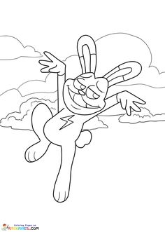 a cartoon character flying through the air with his arms outstretched and legs spread out, in front of clouds