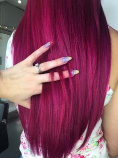 Pinterest: ashliwankhanobi ❀ Vibrant Red Violet Hair Color, Red Magenta Hair Color, Raspberry Color Hair, Fusha Hair Color, Fusha Hair, Pink Hair Shadow Root, Pink Magenta Hair, Raspberry Pink Hair, Magenta Pink Hair