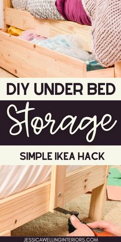 a bed with storage underneath it and text overlay that reads diy under bed storage simple ikea hack