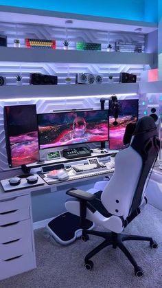 a computer desk with two monitors and a keyboard in front of it on a carpeted floor