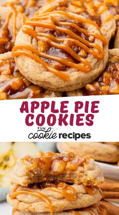 apple pie cookies stacked on top of each other with caramel sauce drizzled over them