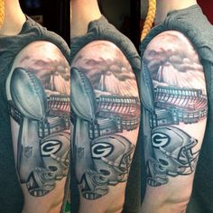 a man's arm with a football and helmet tattoo design on the left sleeve