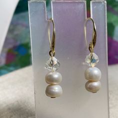 Cultured Pearl Ab Crystal Artisan Handmade Dangle Pierced Earrings 1 ½” Long New These Are Very Cute, Dainty Earrings That Are Great For Any Occasion; Lightweight; Handmade By Me, Never Worn; Wedding, Everyday, Statement, Artisan, Handmade, Bridal Pearl White Drop Earrings For Everyday Wear, Everyday Pearl White Drop Earrings, Elegant White Crystal Earrings For Gift, Handmade Adjustable Pearl White Earrings, Cream Earrings With Ear Wire For Gifts, White Hypoallergenic Drop Crystal Earrings, Hypoallergenic White Crystal Earrings, Pearl White Dangle Earrings For Everyday, Cream Teardrop Earrings For Gift