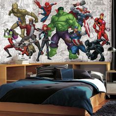 the avengers wallpaper mural in a bedroom