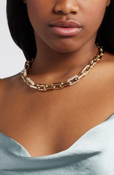 Pavé crystal stations bring captivating sparkle to a chunky chain necklace with a highly polished finish. 18 1/2" length Recycled metal/goldtone plate/glass Imported Chunky Chain Necklace, Chunky Chain Necklaces, Link Chain Necklace, Recycled Metal, Chain Link Necklace, Link Chain, Diy Jewelry, Chain Necklace, Gold Tones