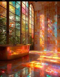 a bath tub sitting in the middle of a tiled floor next to tall glass windows