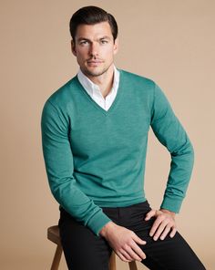 100% merino wool, Woolmark-certified, Garment washed, Contrast back neck trim, V-neck, Naturally breathable, Machine washable - Merino V-Neck Jumper - Teal | Men's Charles Tyrwhitt Merino V-Neck Sweater - Teal Green Size Large Wool Merino Wool V-neck Sweater For Layering, Merino Wool V-neck Sweater For Work, V-neck Merino Wool Sweater, Fitted Merino Wool V-neck Top, Merino Wool V-neck Top For Layering, Workwear Merino Wool V-neck Sweater, V-neck Merino Wool Sweater For Work, Casual Merino Wool V-neck Top, Casual V-neck Merino Wool Top