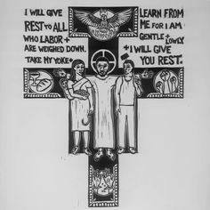 a black and white drawing of the crucifix with words written on it