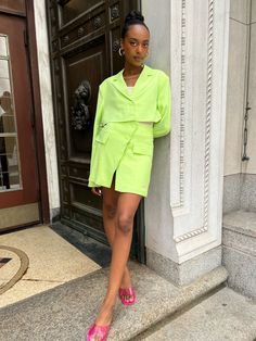 Center Of Attention, Blazer And Skirt, Cute Boutiques, Cropped Blazer, These Girls, Outfits Ideas, We Wear, Bright Green, Final Sale