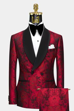 Red Black And Gold Wedding Groomsmen Bridesmaid Dresses, Black And Red Groom Attire, Red And Black Wedding Dress The Bride, Red And Black Tuxedo Wedding, Red Festive Semi-formal Blazer, Luxury Red Formal Sets, Red Fitted Elegant Suit, Elegant Fitted Red Suit, Elegant Fitted Burgundy Tuxedo