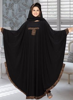 Bet Wing Farasha Style Kaftan Farasha Style, Silk Fabric, Black Color Golden Embroidered – Arabic attire  #beautiful #islamicclothing #modestymovement #hijabdress Stylish Burqa Designs, Burka Fashion, Abaya Designs Dubai, Burqa Designs, Khaleeji Abaya, Farasha Abaya, Bridal Hijab Styles, Abaya Fashion Dubai, Abaya Black