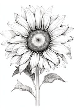 a black and white drawing of a sunflower