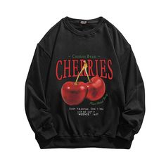 This luxurious Sweet Cherry Print Cotton Sweatshirt is a statement piece for your wardrobe. Rich in detail, featuring a vibrant sweet cherry print and made from soft cotton, this stylish piece of apparel is perfect for casual occasions yet can also be dressed up for a more formal look. Its timeless design is sure to stand out in any setting. Features: -100% Cotton -Crew Neckline -Dropped Shoulder -Cherry Graphic Design -Regular fit -Unisex street style Retro Spring Sweatshirt With Graphic Print, Sweet Long Sleeve Graphic Print Top, Sweet Long Sleeve Tops With Graphic Print, Cherry Print Crew Neck Top For Streetwear, Crew Neck Tops With Cherry Print For Streetwear, Casual Long Sleeve Top With Cherry Print, Sweet Winter Cotton Tops, Sweet Cotton Tops For Winter, Sweet Cotton Top For Winter