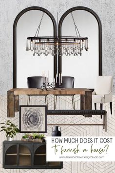 a dining room table with chairs and chandelier hanging from it's side