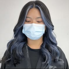 Hair Color Ideas Highlights Blue, Blue Hair Color Underneath, Hall Hair Dye, Blue Money Pieces On Black Hair, Blue Hidden Highlights, Perpel Hair Colour, Trendy Hair Dye Ideas For Black Hair, Navy Blue Hair Ideas, Underline Hair Color