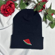 Watermelon embroidered beanie made to order This is not a patch! The stitches are embroidered directly onto the beanie. One size fits most. - Form fitting shape - 100% acrylic knit - 12" knit - Adjustable cuff, shown as 3" Casual Black Acrylic Beanie, Casual Beanie With Embroidered Logo For Winter, Casual Embroidered Logo Beanie For Winter, Casual Cotton Beanie With Embroidered Logo, Cute Cotton Beanie Cap, Casual Adjustable Beanie With Embroidered Logo, Casual Cotton Beanie One Size, Cute Cotton Cap Beanie, Adjustable Beanie With Embroidered Logo