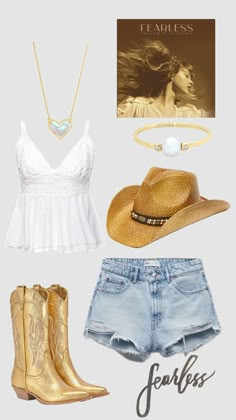 a white top, shorts and cowboy boots are featured in this image with the words fearless on