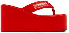 Jersey slip-on sandals in red. · Thong-style strap at vamp · Rubberized logo patch · Covered foam rubber midsole · Textured rubber outsole · Platform: H3.5 in Supplier color: Lipstick red Modern Red Sandals With Single Toe Strap, Red Sandals With Branded Insole And Single Toe Strap, Red Sandals With Single Toe Strap, Red Theory, Red Wedge Sandals, Red Wedges, Fly Shoes, Streetwear Inspo, Color Lipstick