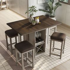 a kitchen table with four stools and a wine rack in the center, next to a potted plant