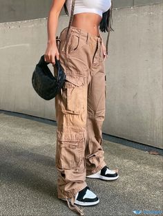 Orcajump - Low Rise Cargo Pants, Women's Street Hip-hop Style Trousers, Y2K Kpop Vintage Style Multi Pockets Wide Leg Baggy Pants Street Hip Hop Style, Women Street, Baggy Pant, Pocket Pattern, Low Rise, Cargo Pants, Wide Leg, Hip Hop, Trousers