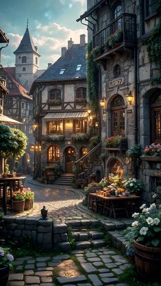 an old european town with cobblestone streets and flower pots on the side walk