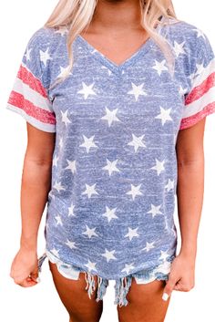 Blue Striped Sleeve Stars Print V Neck Tee Casual V-neck Star Print Top, Summer V-neck Tops With American Flag Print, American Flag Print V-neck Tops For Summer, Casual Blue Tops With American Flag Print, V-neck Tops With American Flag Print For Summer, Patriotic V-neck Summer Tops, Casual Relaxed Fit Tops With Star Print, Patriotic Star Print Short Sleeve Tops, Blue Star Print Tops For Summer