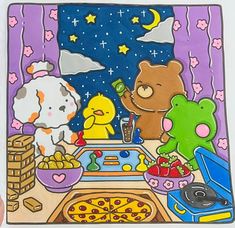 this is a drawing of some food on a table with teddy bears and other items