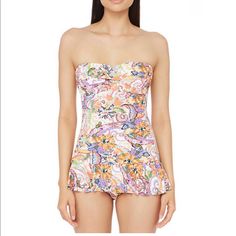 Lauren Ralph Lauren (Lrl) White Multicolored Majestic Paisley Strapless Swim Dress Bandeau Ruched One Piece Pin Up Skirted Swim Suit Bathing Suit Swim Wear Size 8 Tummy Control All Over Slimming Bandeau Neckline Full Bottom With Flouncy Skirt Overlay Lined Pull On Style With Removable Halter Straps Removable Cups With Underwire Nylon/Elastane With Polyester Lining (Hand Wash) Nwt Beach Surf Swimming Vacation Resort Cruise Poolside Warm Weather Flattering Bathing Suit Bikini Top Fitted Printed Bandeau Swimwear, Printed Fitted Bandeau Swimwear, Strapless Fitted Floral Print Swimwear, Fitted Floral Print Strapless Swimwear, Fitted Strapless Floral Print Swimwear, Printed Strapless Swimwear, Elegant Fitted Multicolor Swimwear, Spring Sleeveless Swimwear With Paisley Print, Spring Printed Fitted Tankini