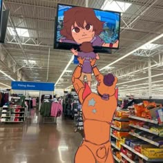 a cartoon character holding up a baby in a store