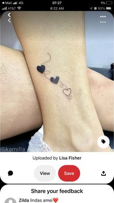 two hearts tattoo on the ankle and one with an inscription that says, i love you