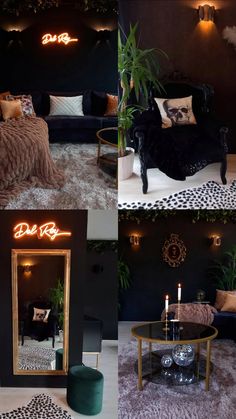 a collage of photos showing different rooms with black walls and gold trimmings