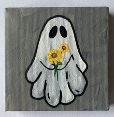 a painting of a ghost with sunflowers in its hand on a gray background