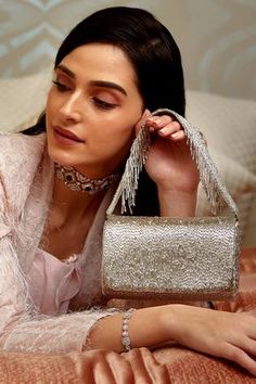 Shop for Lovetobag Eclat Flapover Clutch With Handle Online at Aza Fashions Silver Handbag, Micro Beads, Wedding Handbag, Embellished Clutch, Shoulder Sling, Handbags Online, Beaded Tassels, Timeless Treasures, Chain Shoulder Bag