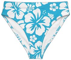 White Hawaiian Hibiscus Flowers On Ocean Aqua Blue High Waisted Bikini Bottom - Extremely Stoked Blue Hawaiian Bottoms For Beach Party, Hawaiian White Swimwear For Beach Party, Tropical Style White High Waist Bottoms, White Fitted Hawaiian Swimwear, Fitted Tropical White Bottoms, White Floral Print Bottoms For Beach Party, White Hawaiian Swimwear For Poolside, White Tropical Print Bottoms For Beach Season, Fitted White Hawaiian Swimwear