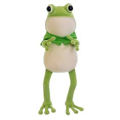 a stuffed frog wearing a green bowtie and holding its hands up to the side