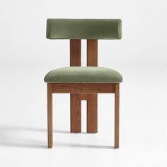 a green upholstered chair with wooden legs and backrests, viewed from the front