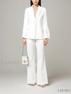 Lasaky - Sleek and Stylish White Buttoned Split Cuff Long Outerwear Fitted White Blazer With Button Cuffs, White Long Jacket, White Outerwear, Long Outerwear, White Coat, White Jacket, Split Hem, Olivia Mark, Workout Clothes