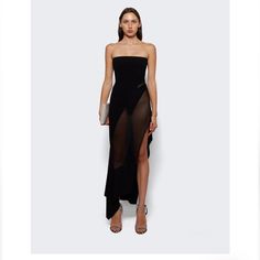 See Measurement On Pictures. Stretchable. A Handkerchief Hem Skims This Sultry Strapless Dress Fitted With A Built-In Bodysuit And Angular Cutouts Filled In With Sheer Illusion Panels. Since 2018, Creative Director Casey Cadwallader Has Continued Thierry Mugler's Legacy Of Architecturally Impressive Design With A Strong Sensuality At The Forefront. 22 1/2" To 50" Center Front Length (Size X-Large) Strapless Bodysuit Lining Sheer 74% Viscose, 22% Polyamide, 4% Polyester Dry Clean Made In Italy Tr Sheer Asymmetrical Dress For Cocktail, Chic Sheer Mesh Evening Dress, Chic Sheer Mesh Dress For Gala, Strapless Mesh Dress For Night Out, Chic Strapless Mesh Dress For Night Out, Asymmetrical Strapless Evening Dress, Sheer Asymmetrical Party Dress, Asymmetrical Sheer Party Dress, Elegant Strapless Mesh Dress For Evening