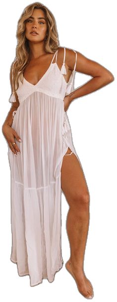 V-neck Beach Dress With Lace Trim, V-neck Maxi Dress With Tassel Ties For Vacation, Bohemian Sheer V-neck Cover-up, V-neck Beach Dress With Lace Trim As Cover-up, Summer Beachwear Cover-up With Lace Trim, Bohemian Sheer V-neck Maxi Dress, Summer Beach Maxi Dress With Drawstring, Summer Sheer Lace Maxi Dress, Summer Lace Maxi Dress For Beach Season