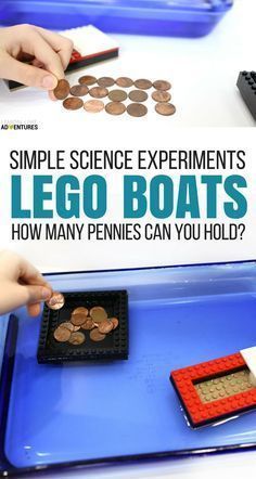 a child playing with lego boats and money on a tray that says, simple science experiments lego boats how many pennies can you hold?