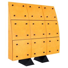 a wooden cabinet with six drawers and four black metal legs on each side, against a white background