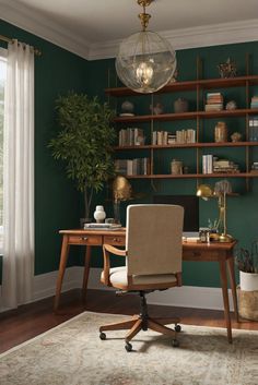 home decor interior design, interior bedroom design, designer wall paint, paint color match Green Painted Office Walls, Walnut Home Office, Grey And Green Office Ideas, Office Green, Green Accent Wall Office, Green Home Office Ideas, Forest Green Office, Green Office Space