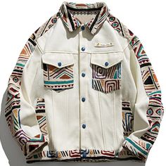 Majesda® - Ethnic Printing Stitching Jacket outfit ideas Casual White Outerwear With Patch Pockets, Multicolor Relaxed Fit Outerwear With Pockets, Relaxed Fit Multicolor Outerwear With Pockets, Bohemian Long Sleeve Outerwear For Streetwear, Bohemian Long Sleeve Streetwear Outerwear, Bohemian Cotton Outerwear For Streetwear, Baggy Coat, Clothing Graphics, Mode Mantel