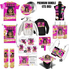 pink and gold graduation party package with personalized items, including hoodie, sweatshirt, cap, mittens, scarf, mug