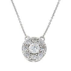 Ever Brilliant 10K Gold 1/2ctw Diamond 18" Round Halo Drop Necklace A single, bead-set diamond tucks into the embrace of the pavé diamonds that form this halo design's shimmering frame. A classic offering perfectly suited to any fine-jewelry wardrobe.       Necklace approx. 18"L x 1/16"W      Drop approx. 5/16"L x 5/16"W     Stamped 10K white gold; rhodium plating     Cable-link chain: spring-ring clasp    Stone Information       All sizes and weights approximate     Total Carat Weight: 1/2ctw - Jewelry Wardrobe, Round Halo, Single Bead, The Embrace, Color Bands, Bead Set, Drop Necklace, 10k Gold, Pave Diamonds