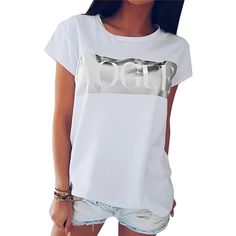 Silver Vogue Printed White T Shirt Chic Summer T-shirt With Letter Print, Chic Letter Print T-shirt For Summer, Chic Text Print Tops For Spring, Long Cardigan Coat, Tie Dye Long Sleeve, Denim Shirt Dress, Tie Dye Shorts, Roll Up Sleeves, Tie Dye Print