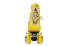 a pair of yellow roller skates with laces on them